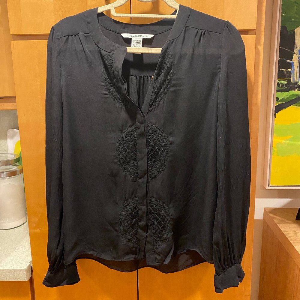 DVF Sheer Billow Lace Blouse, Size 8